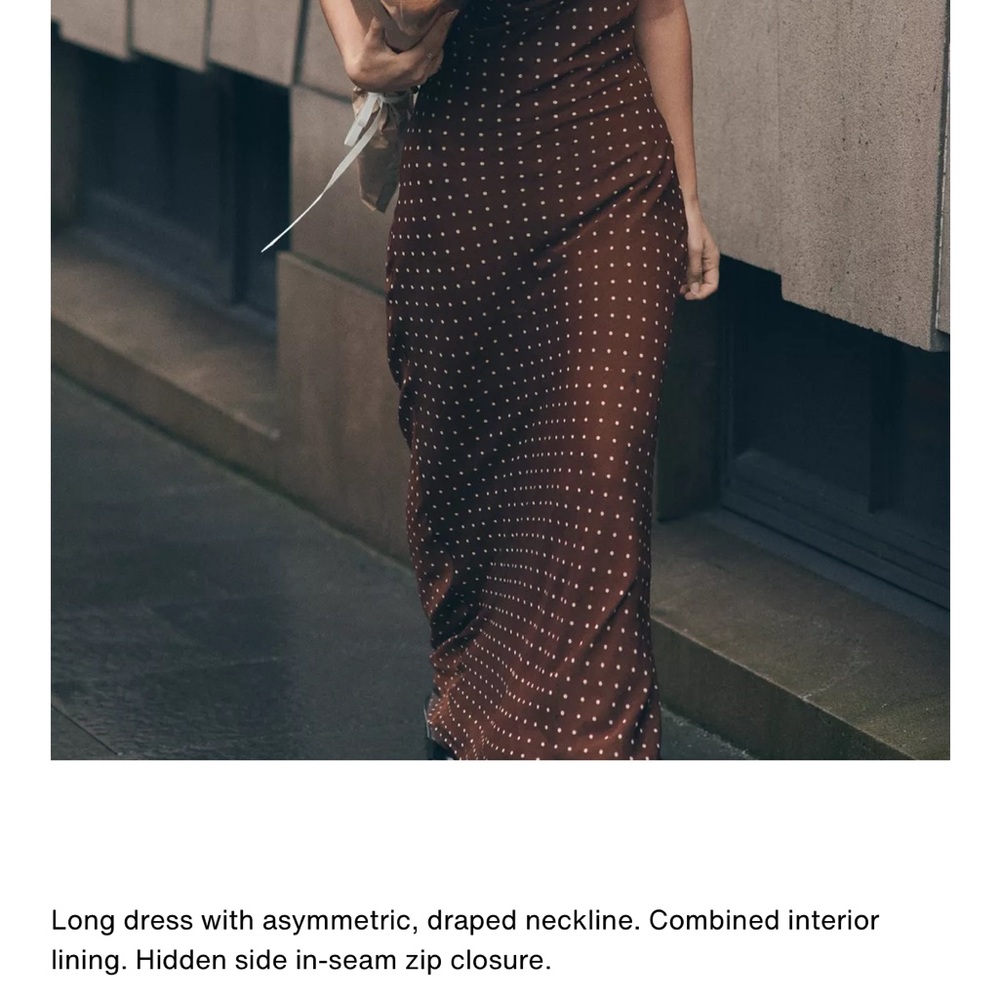 Zara NWT brown polka dot asymmetrical cowl draped detail midi maxi dress - Picture 5 of 9